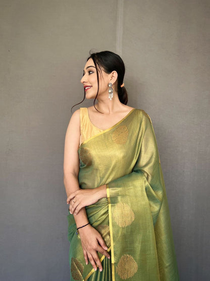 Olive Green Banarasi Tissue Silk Zari Woven Saree