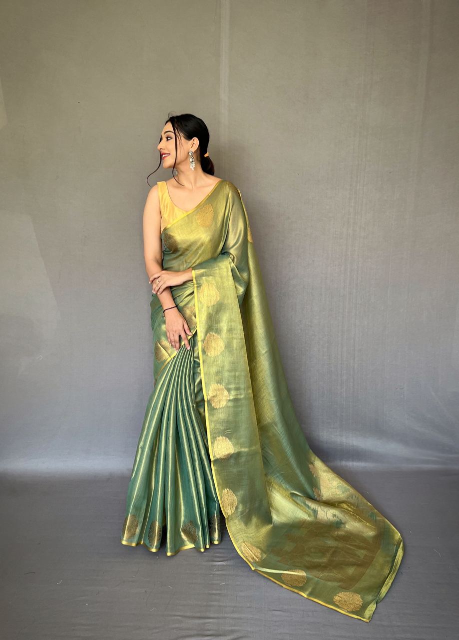 Olive Green Banarasi Tissue Silk Zari Woven Saree