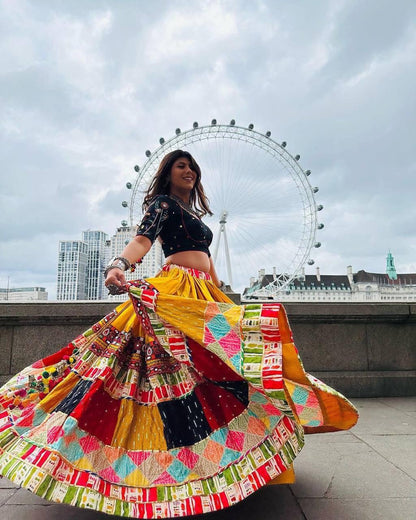 Mustard Colour Fancy Digital Print Work And Real Mirror Work Navratri Lehenga Choli