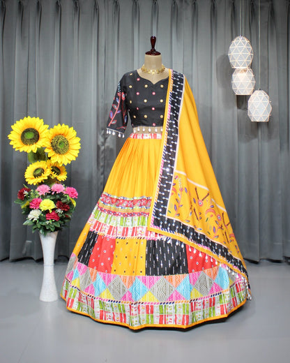 Mustard Colour Fancy Digital Print Work And Real Mirror Work Navratri Lehenga Choli