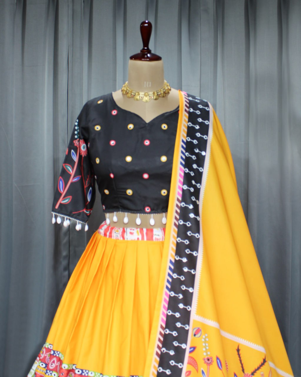 Mustard Colour Fancy Digital Print Work And Real Mirror Work Navratri Lehenga Choli