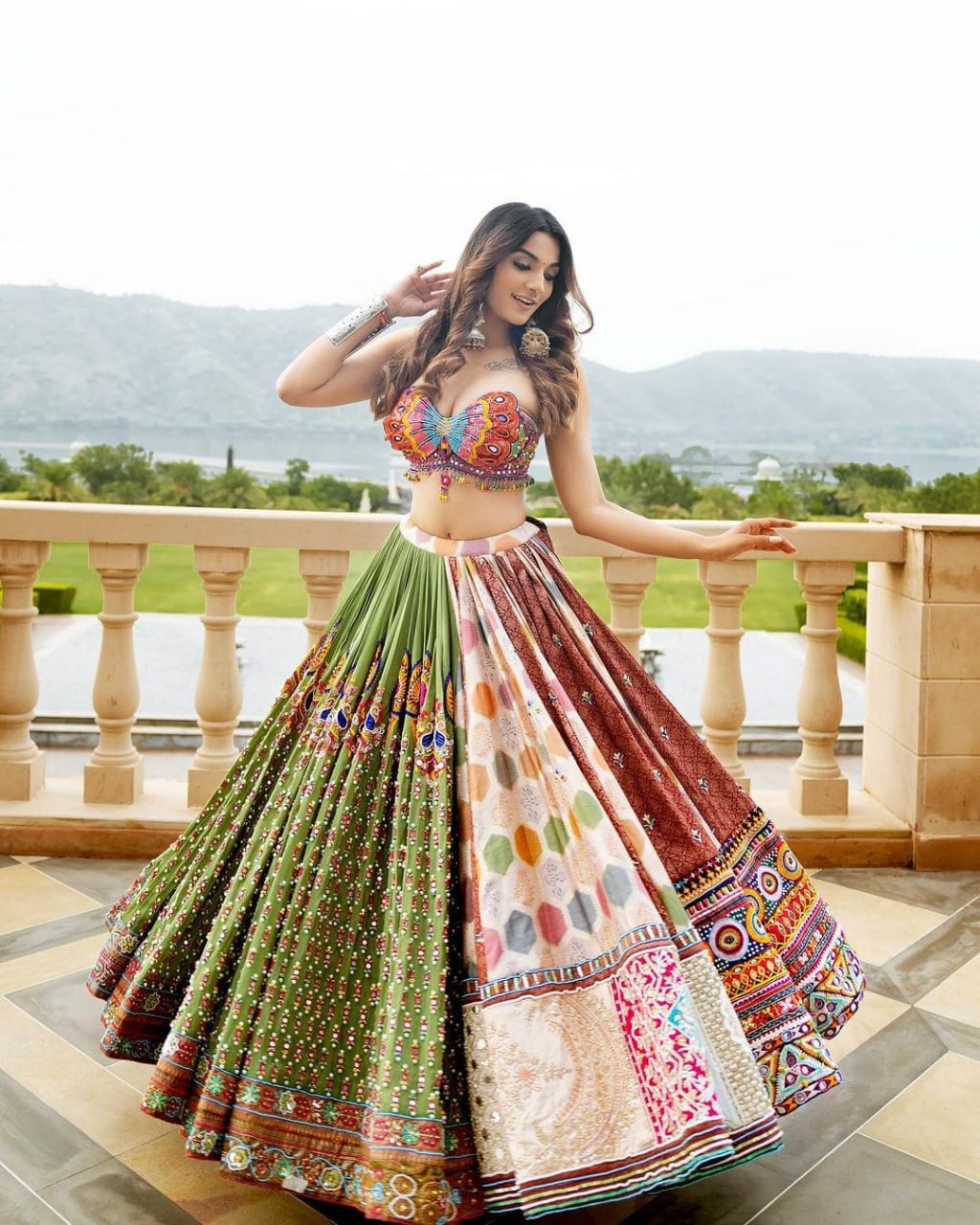 Green Colour Fancy Digital Print Work And Real Mirror Work Navratri Lehenga Choli