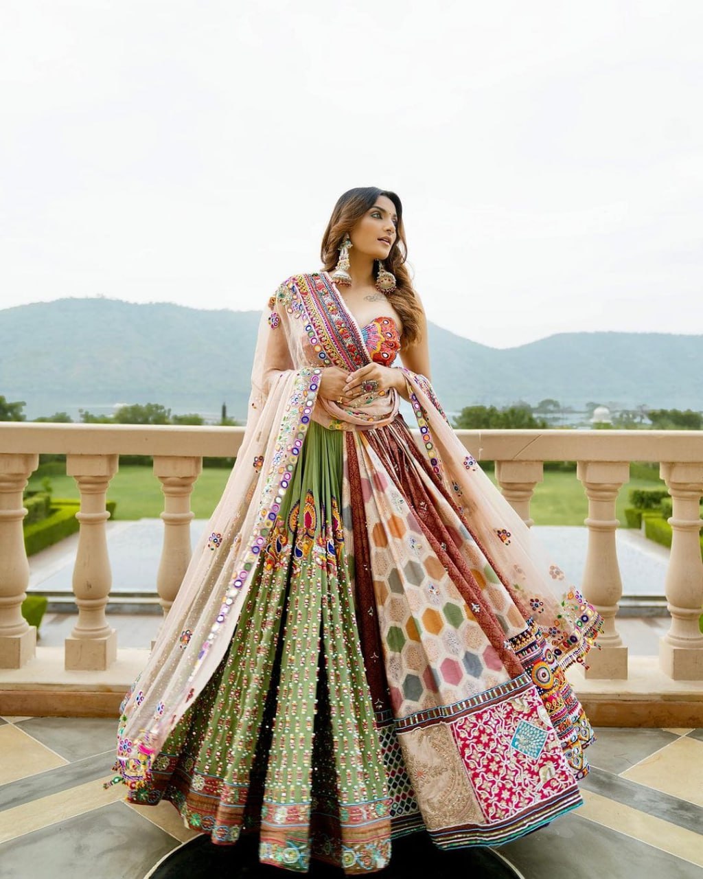 Green Colour Fancy Digital Print Work And Real Mirror Work Navratri Lehenga Choli