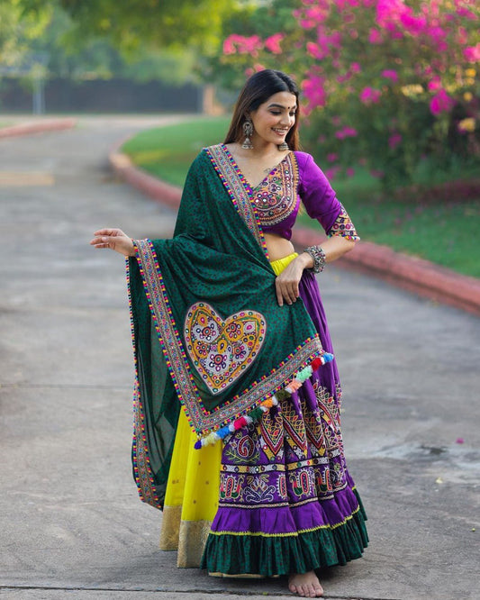 Purple Yellow Colour Fancy Digital Print Work And Real Mirror Work Navratri Lehenga Choli