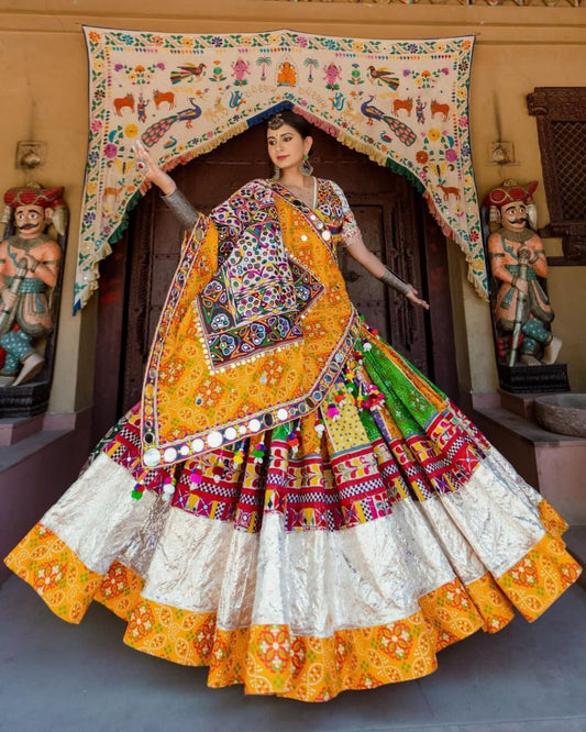 Yellow Colour Fancy Digital Print Work And Real Mirror Work Navratri Lehenga Choli