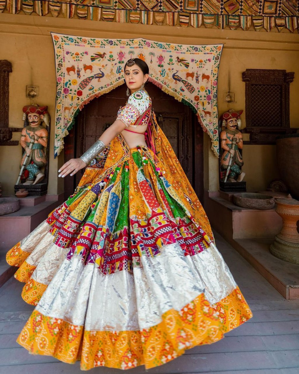 Yellow Colour Fancy Digital Print Work And Real Mirror Work Navratri Lehenga Choli