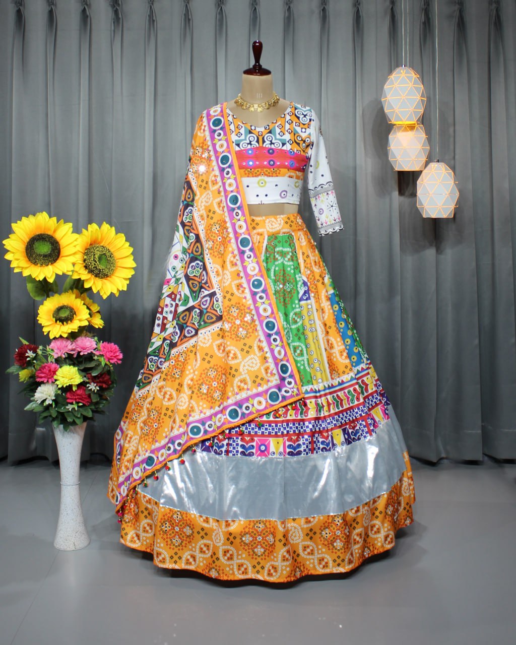 Yellow Colour Fancy Digital Print Work And Real Mirror Work Navratri Lehenga Choli