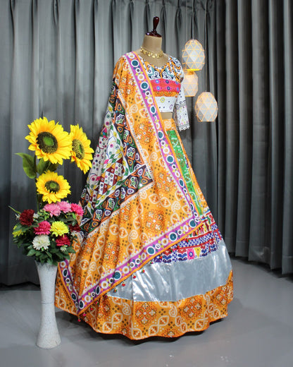 Yellow Colour Fancy Digital Print Work And Real Mirror Work Navratri Lehenga Choli