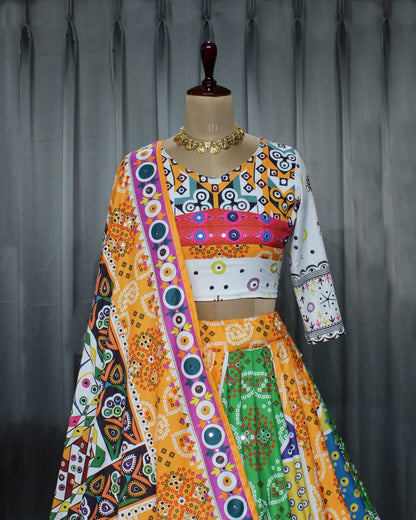 Yellow Colour Fancy Digital Print Work And Real Mirror Work Navratri Lehenga Choli