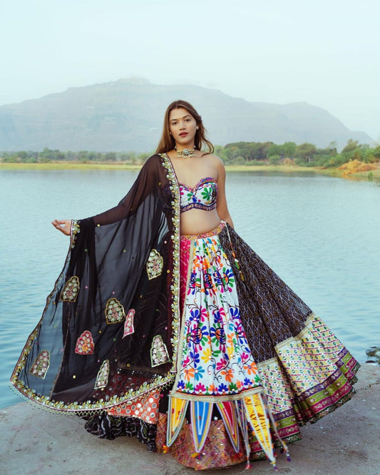White Colour Fancy Digital Print Work And Real Mirror Work Navratri Lehenga Choli
