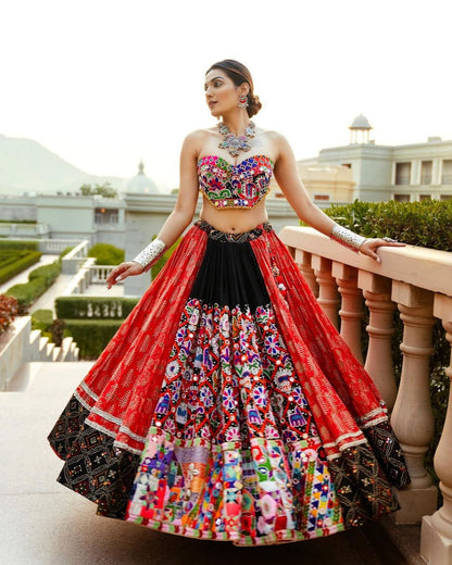 Multicolour Colour Fancy Digital Print Work And Real Mirror Work Navratri Lehenga Choli