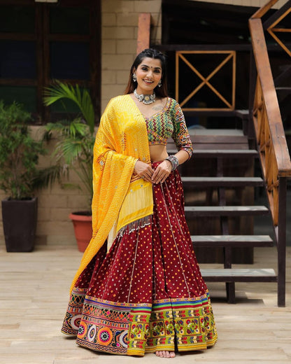 Maroon Colour Fancy Digital Print Work And Real Mirror Work Navratri Lehenga Choli