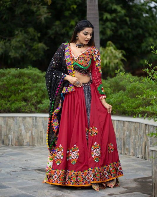 Red Colour Fancy Digital Print Work And Real Mirror Work Navratri Lehenga Choli