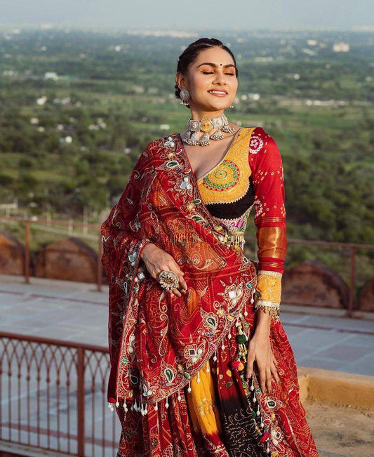 Orange Colour Fancy Digital Print Work And Real Mirror Work Navratri Lehenga Choli