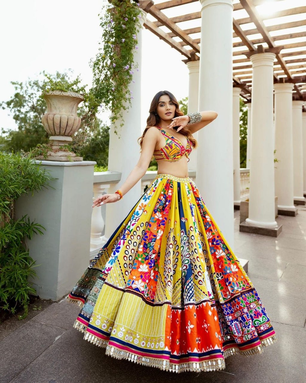 Yellow Blue  Colour Fancy Digital Print Work And Real Mirror Work Navratri Lehenga Choli