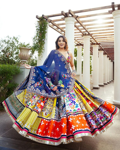 Yellow Blue  Colour Fancy Digital Print Work And Real Mirror Work Navratri Lehenga Choli