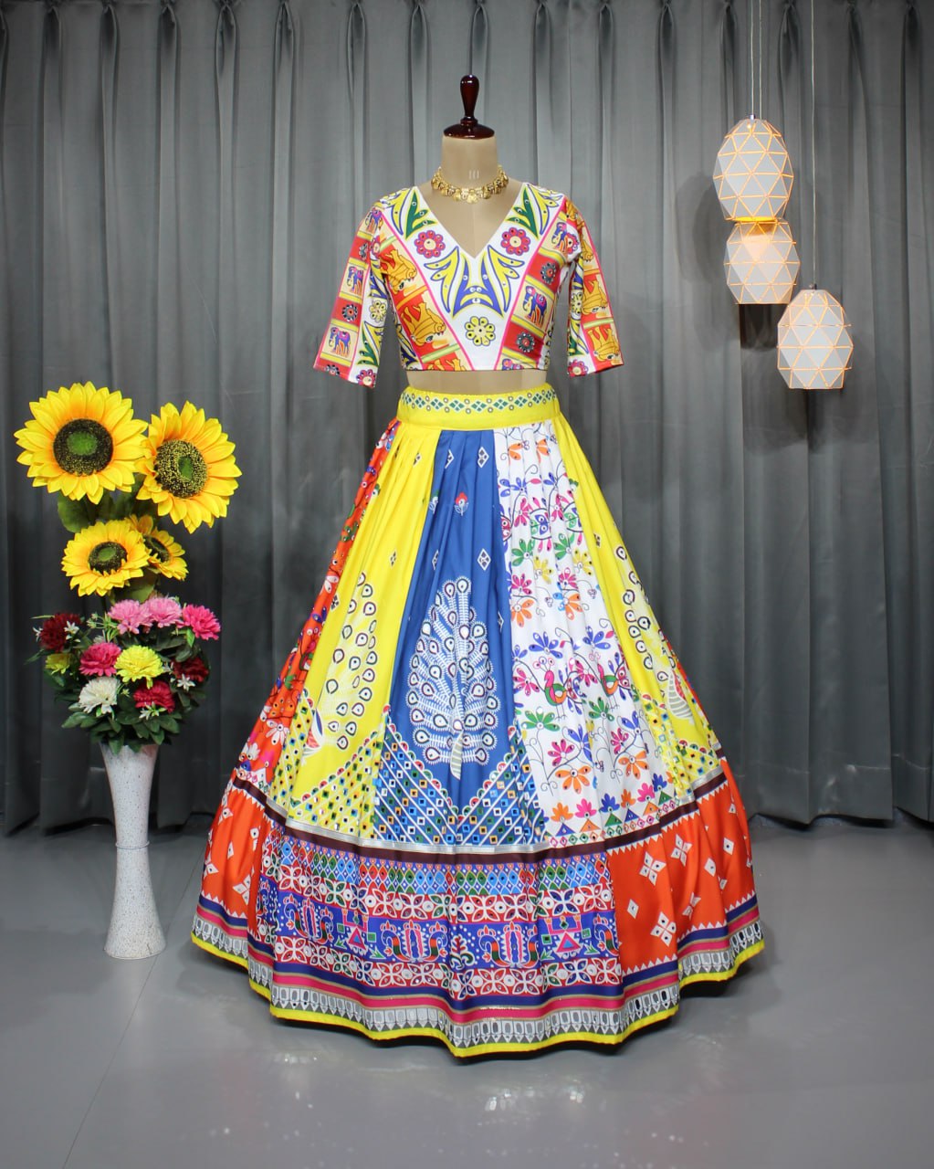 Yellow Blue  Colour Fancy Digital Print Work And Real Mirror Work Navratri Lehenga Choli