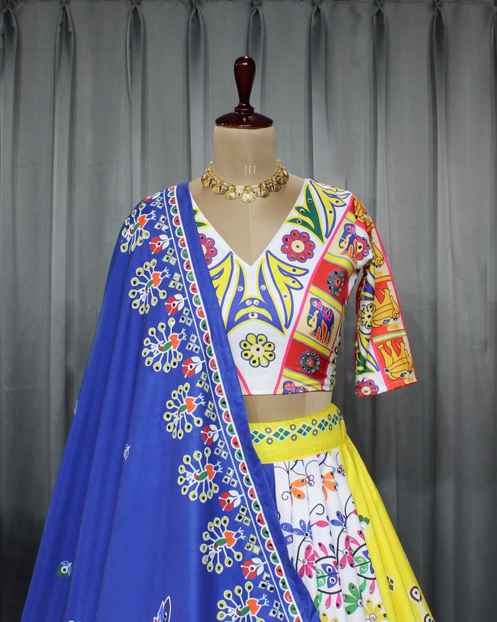 Yellow Blue  Colour Fancy Digital Print Work And Real Mirror Work Navratri Lehenga Choli