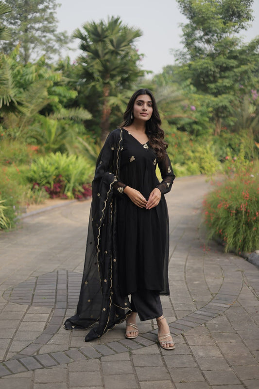 Black  Colour Faux Blooming With Embroidered Work Salwar Suit