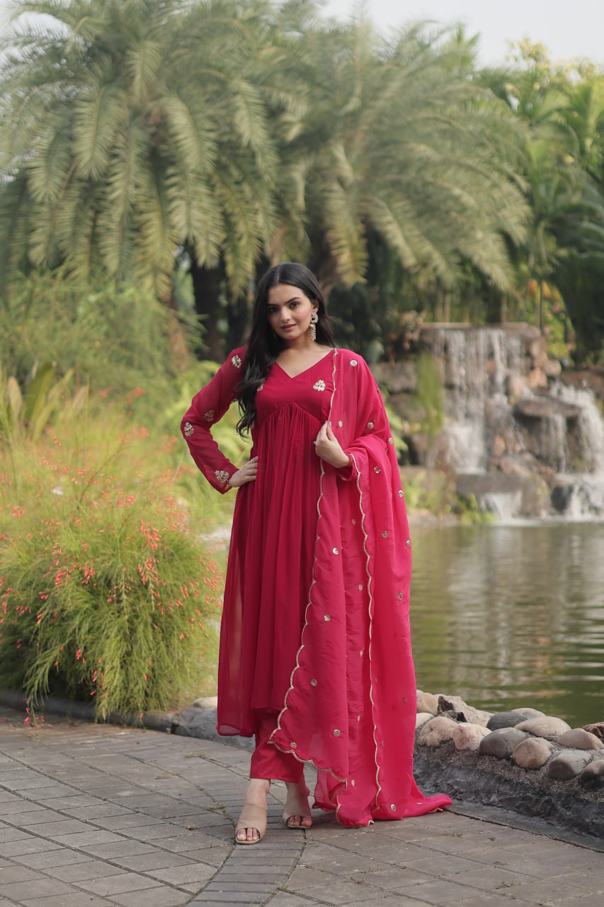 Rani  Colour Faux Blooming With Embroidered Work Salwar Suit