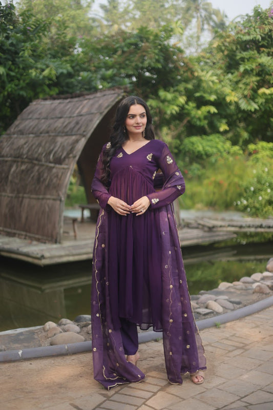 Wine Colour Faux Blooming With Embroidered Work Salwar Suit