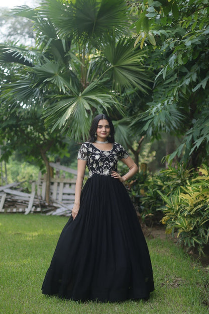 Black Colour Faux Blooming With Coding Sequins Embroidered Work Gown