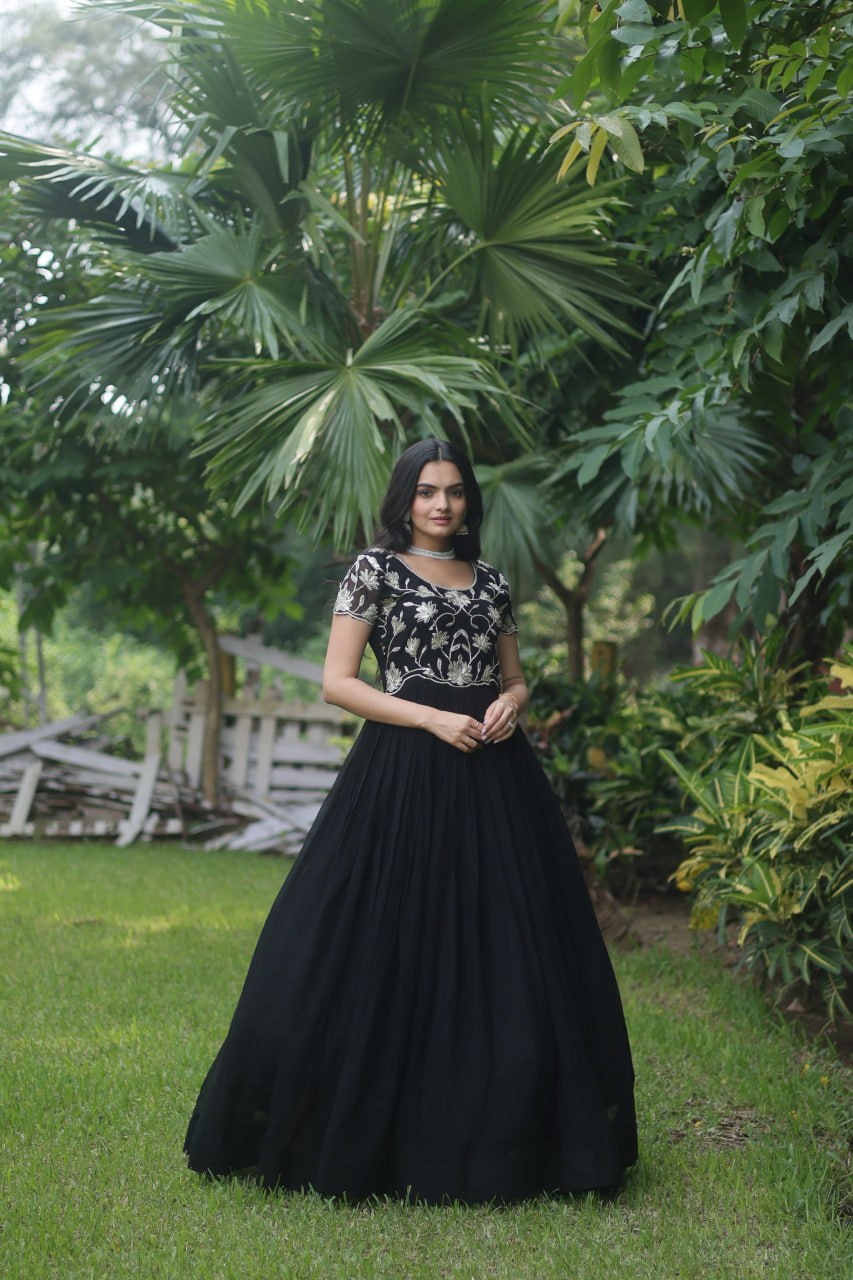 Black Colour Faux Blooming With Coding Sequins Embroidered Work Gown