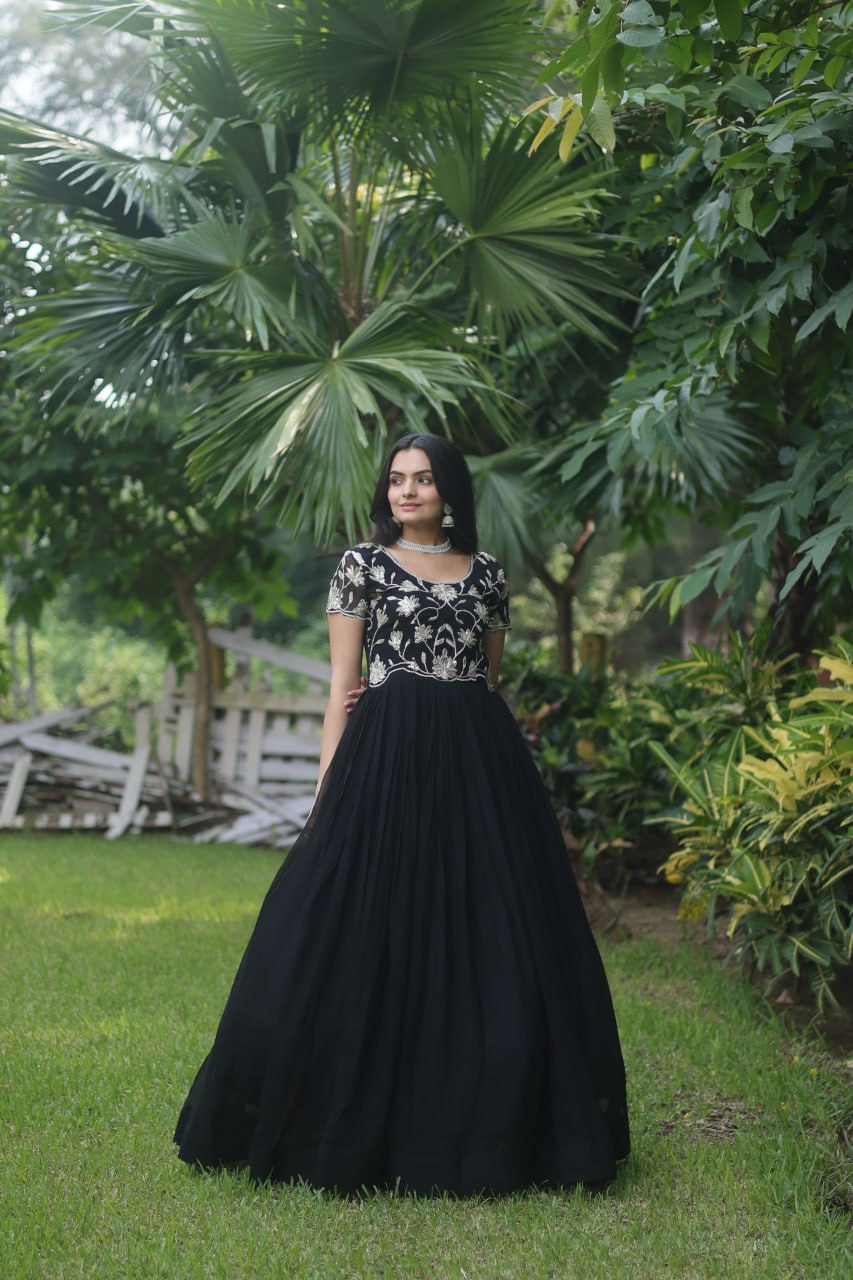 Black Colour Faux Blooming With Coding Sequins Embroidered Work Gown