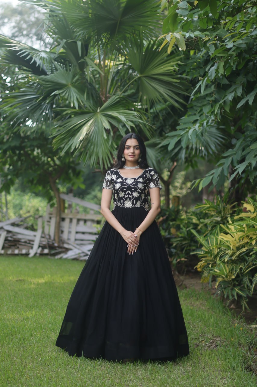 Black Colour Faux Blooming With Coding Sequins Embroidered Work Gown