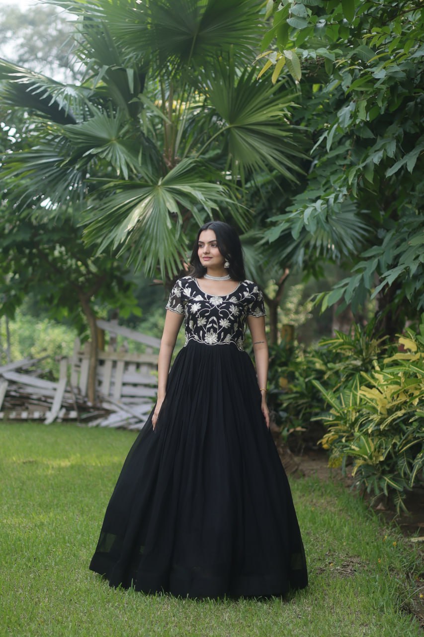 Black Colour Faux Blooming With Coding Sequins Embroidered Work Gown