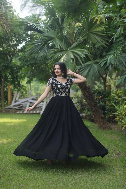 Black Colour Faux Blooming With Coding Sequins Embroidered Work Gown