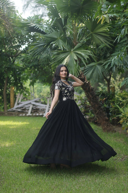 Black Colour Faux Blooming With Coding Sequins Embroidered Work Gown