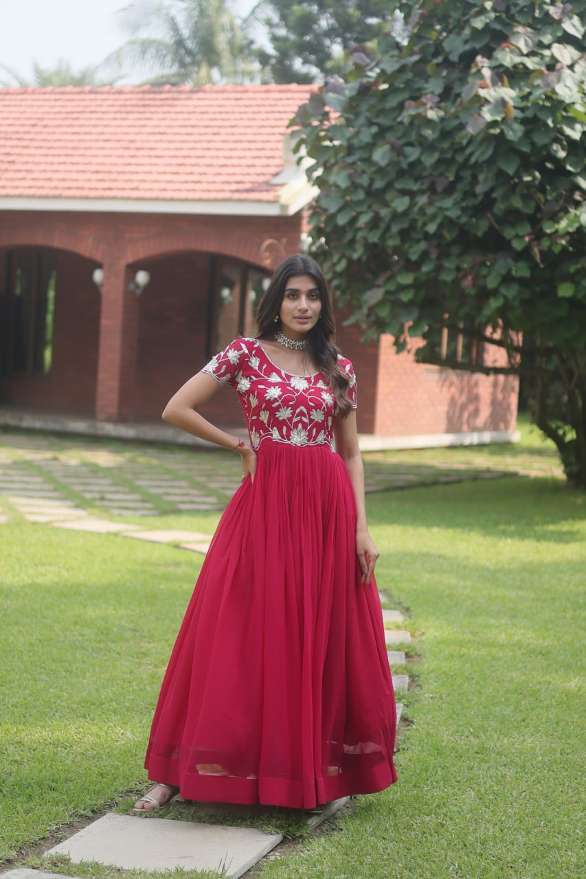 Pink Colour Faux Blooming With Coding Sequins Embroidered Work Gown