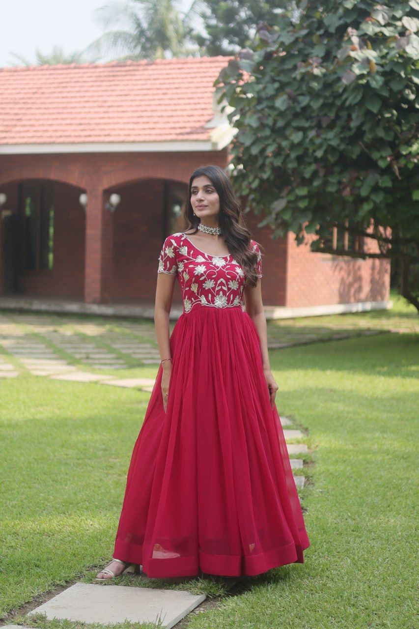 Pink Colour Faux Blooming With Coding Sequins Embroidered Work Gown