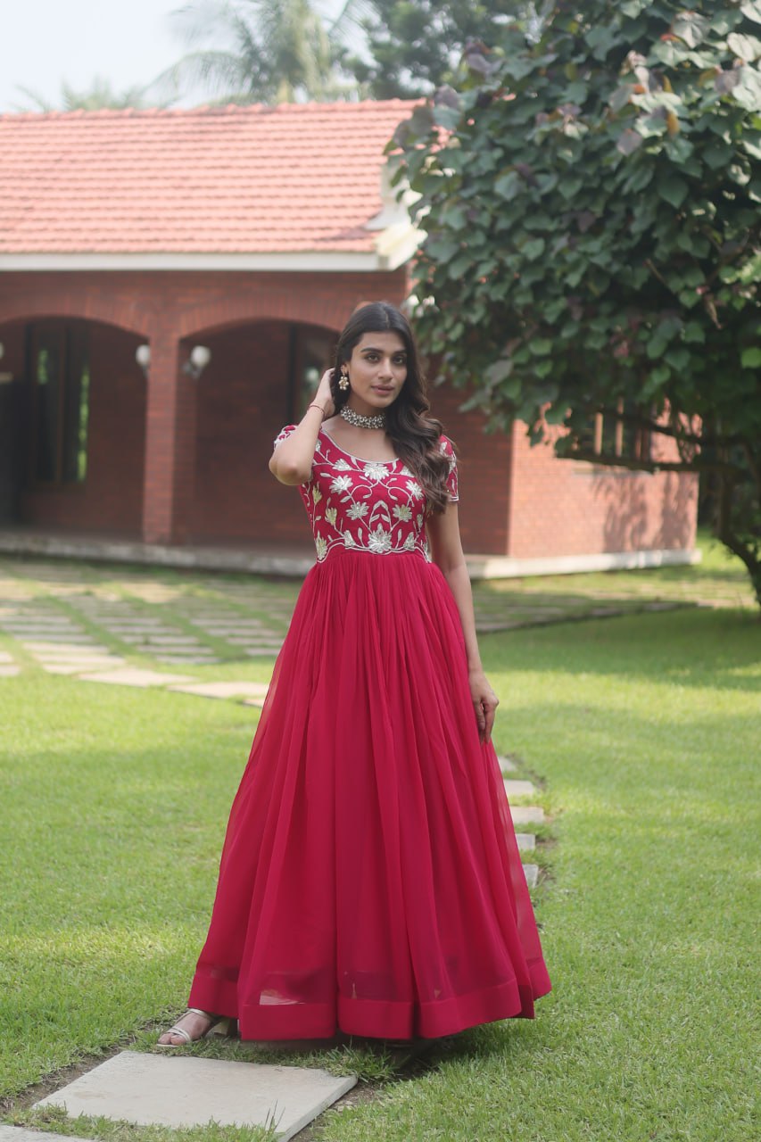 Pink Colour Faux Blooming With Coding Sequins Embroidered Work Gown