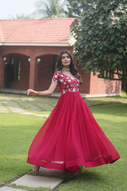 Pink Colour Faux Blooming With Coding Sequins Embroidered Work Gown