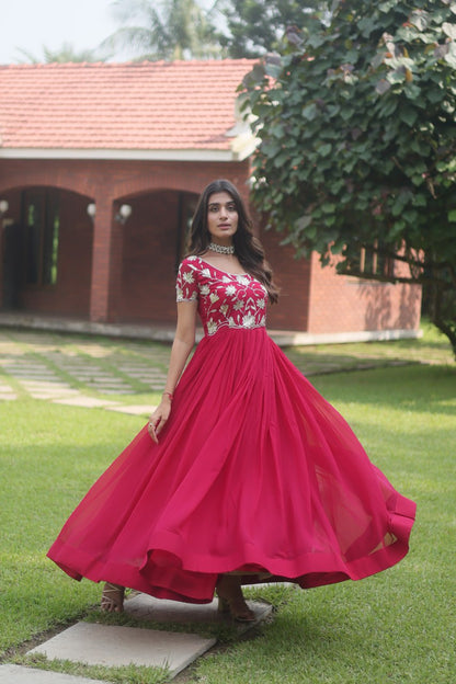 Pink Colour Faux Blooming With Coding Sequins Embroidered Work Gown