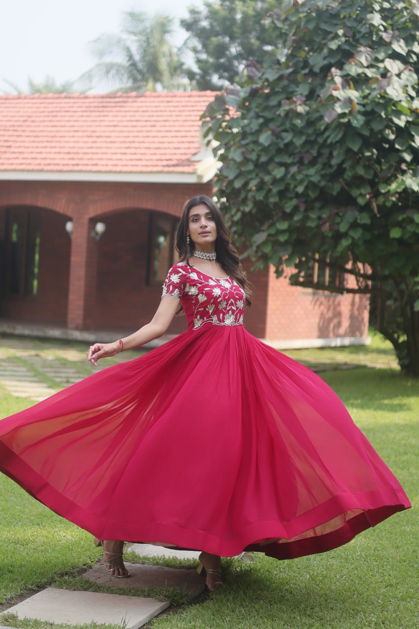 Pink Colour Faux Blooming With Coding Sequins Embroidered Work Gown