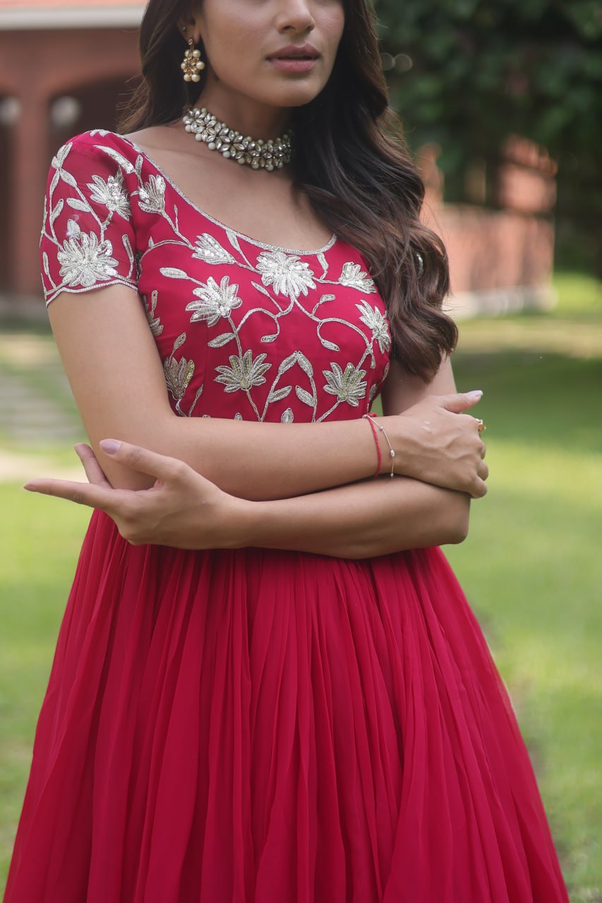 Pink Colour Faux Blooming With Coding Sequins Embroidered Work Gown