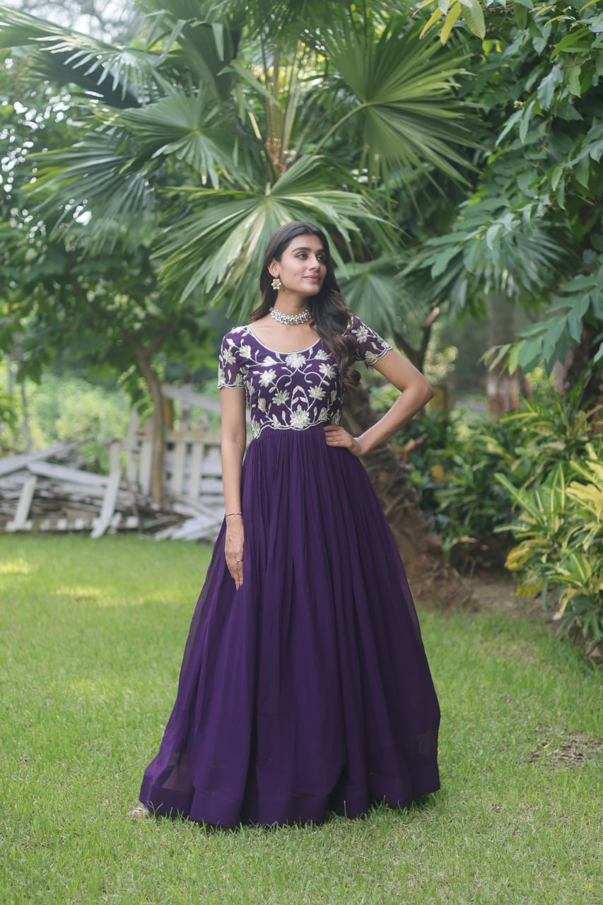 Purple Colour Faux Blooming With Coding Sequins Embroidered Work Gown