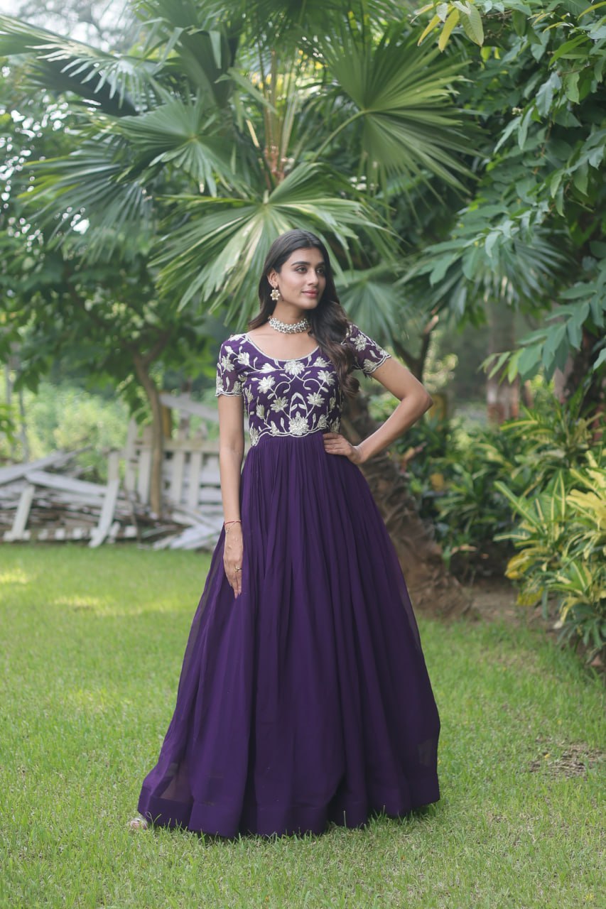 Purple Colour Faux Blooming With Coding Sequins Embroidered Work Gown