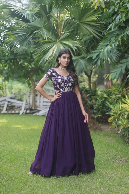 Purple Colour Faux Blooming With Coding Sequins Embroidered Work Gown