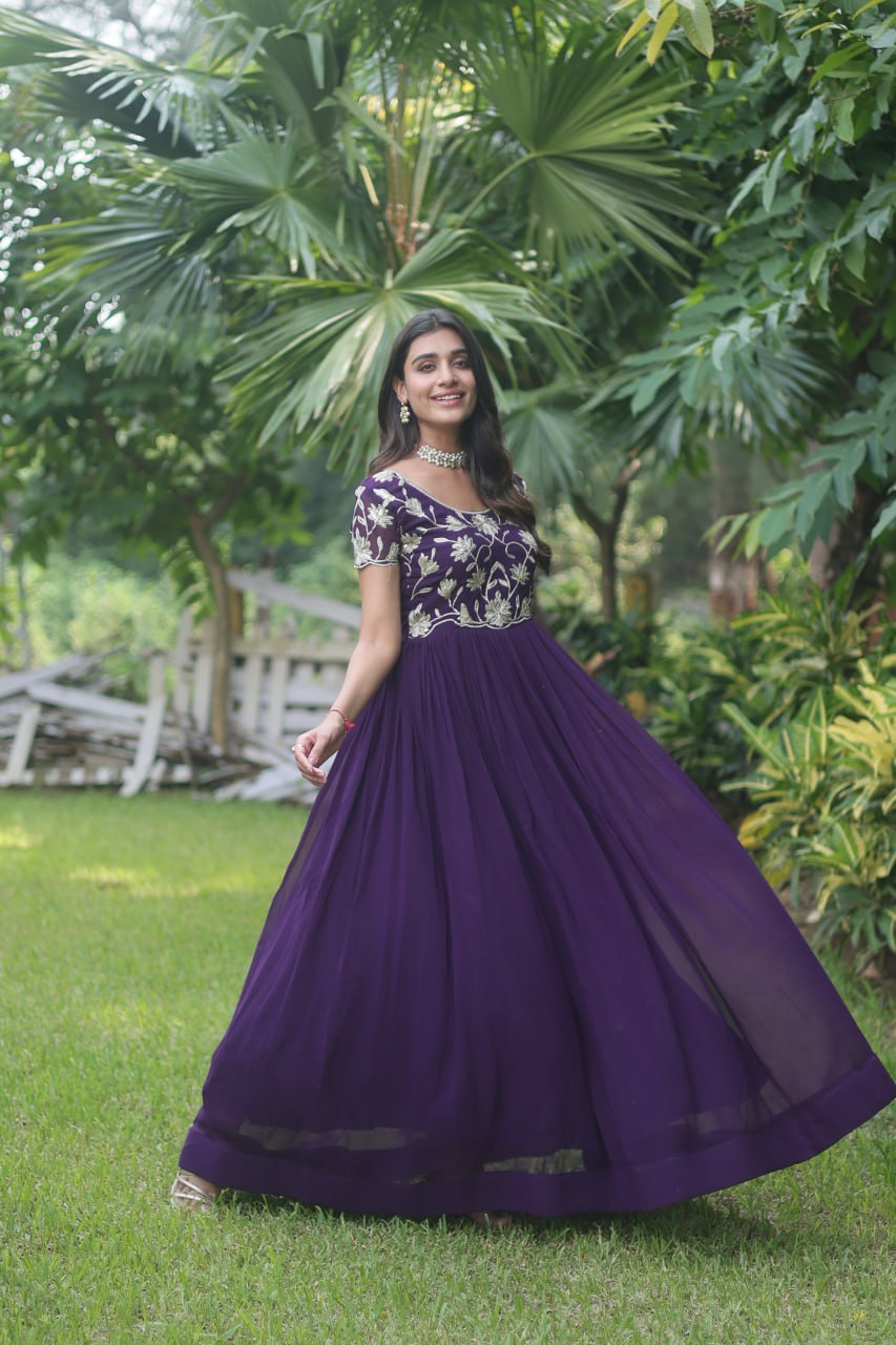 Purple Colour Faux Blooming With Coding Sequins Embroidered Work Gown