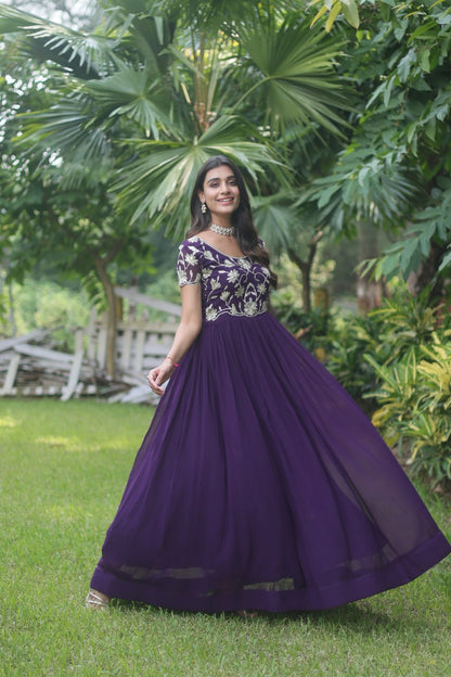 Purple Colour Faux Blooming With Coding Sequins Embroidered Work Gown