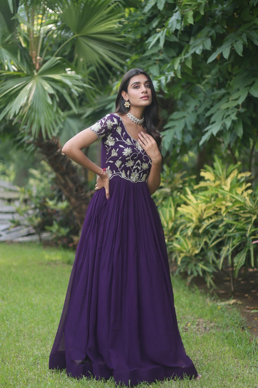 Purple Colour Faux Blooming With Coding Sequins Embroidered Work Gown