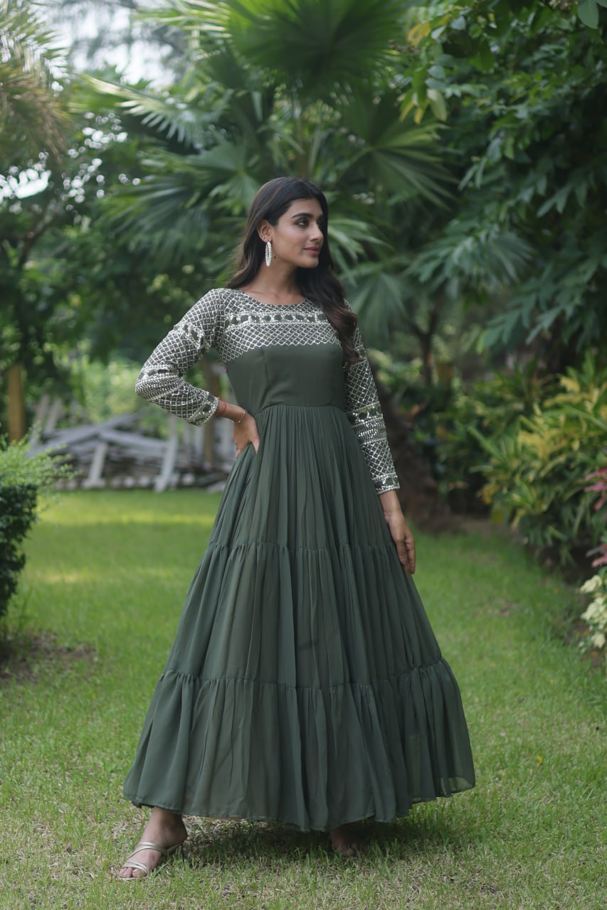 Mehandi Colour Faux Blooming With Embroidery Zari Sequins Work Gown