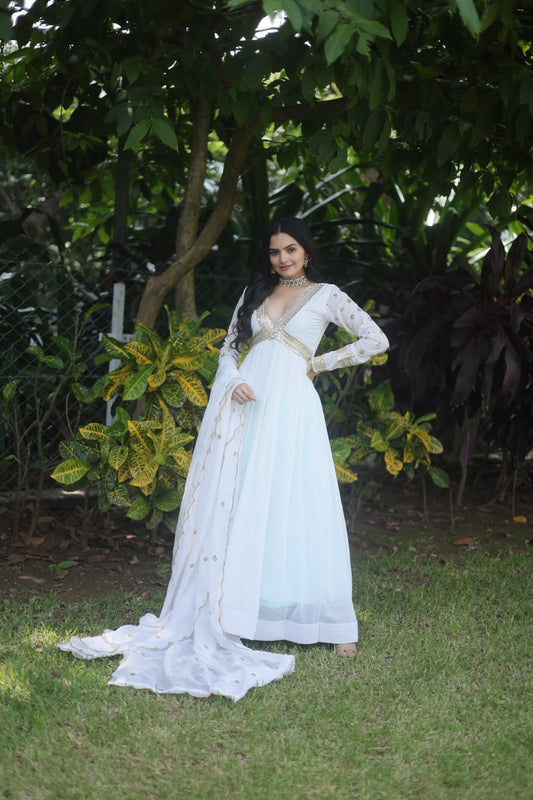 White Colour Faux Blooming With Embroidery Zari Sequins Work Gown