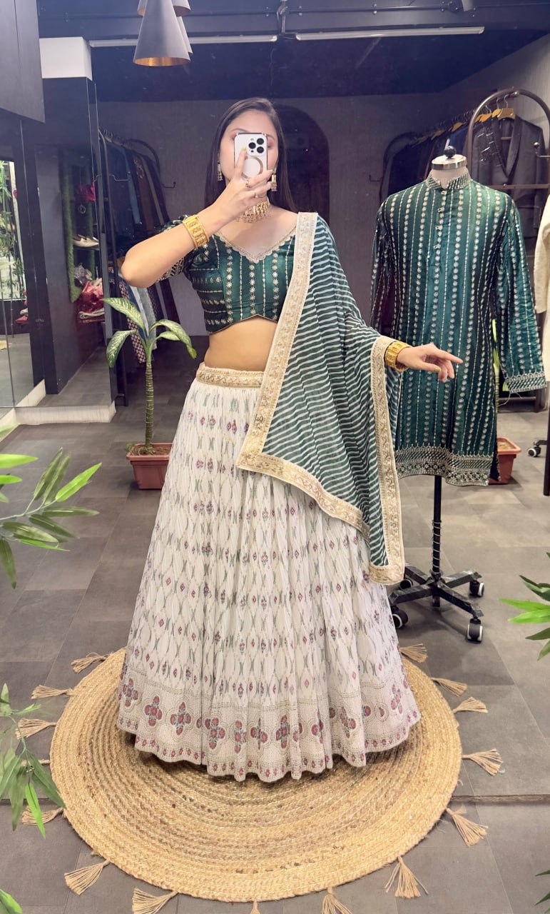 White Green Angel Heavy Chinon Lahenga Choli Fully Stitched