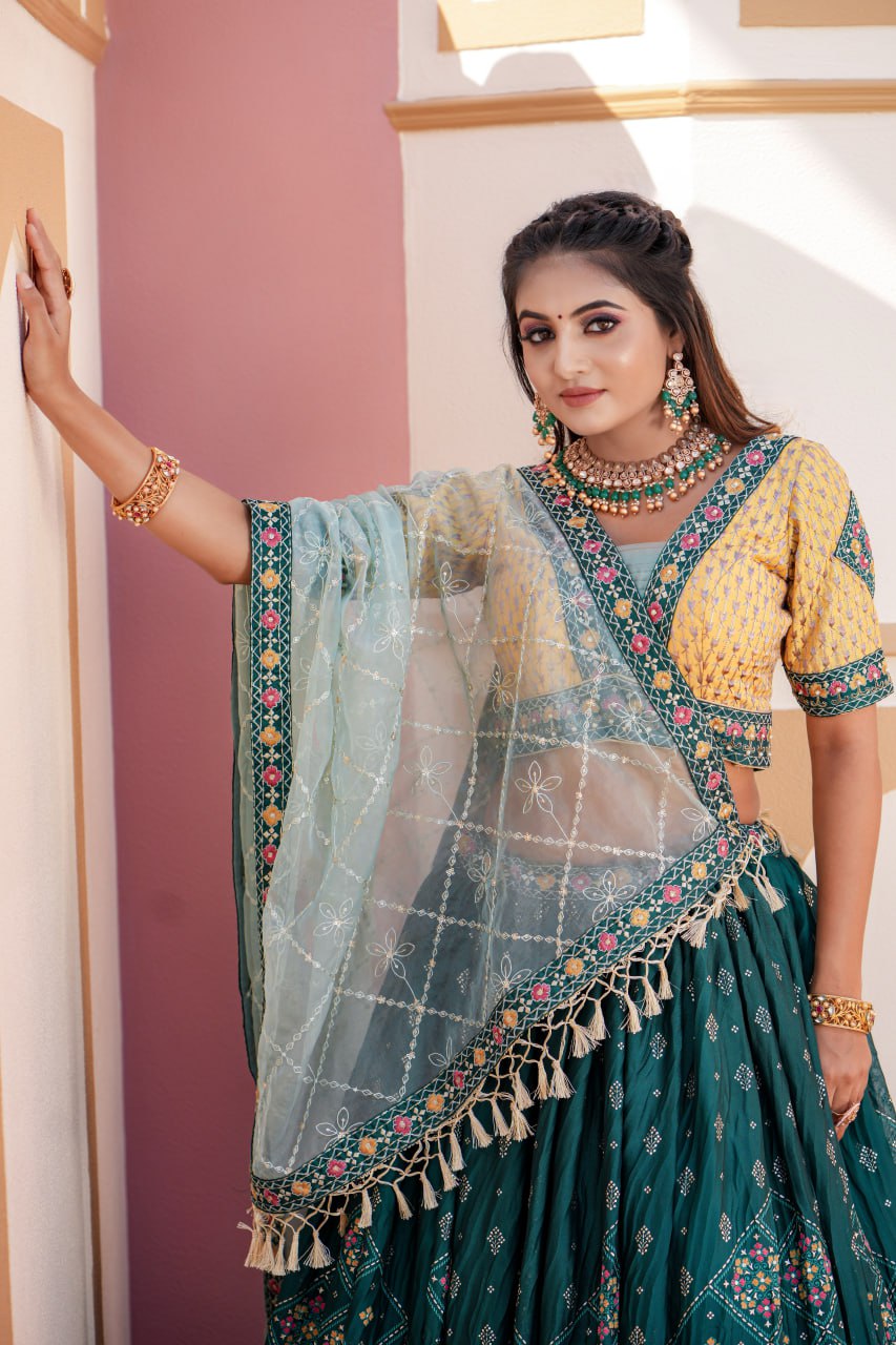 Aqua Rama Green Heavy Chinon Heavy Foil Print Embroidery Work Belt Lehenga Choli Fully Stitched