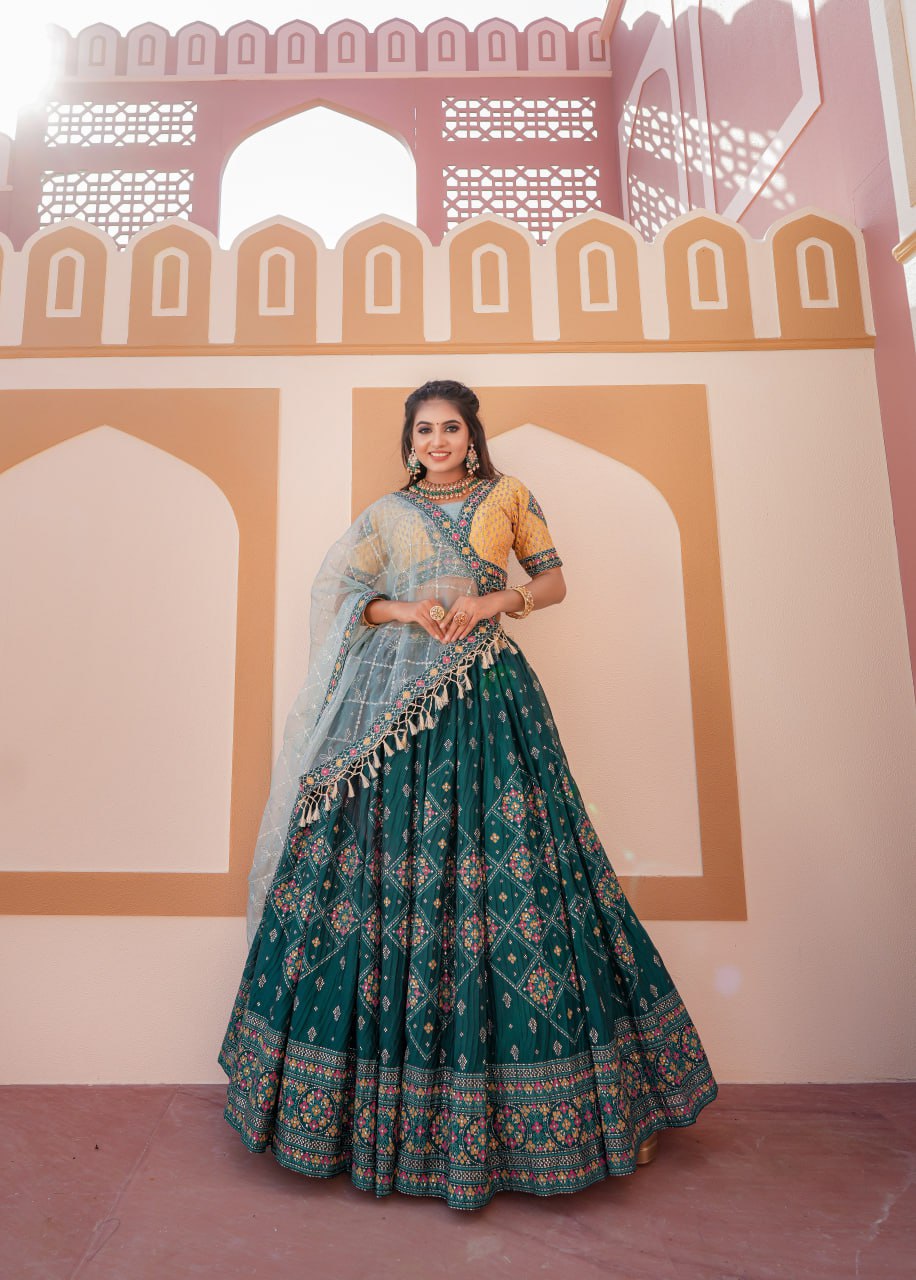 Aqua Rama Green Heavy Chinon Heavy Foil Print Embroidery Work Belt Lehenga Choli Fully Stitched